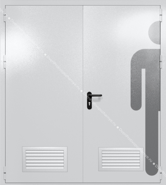 Двупольная глухая дверь ei-60 с обозначением санузла и вентиляцией (цвет светло-серый RAL 7047) Двупольная глухая дверь ei-60 с обозначением санузла и вентиляцией (цвет светло-серый RAL 7047)