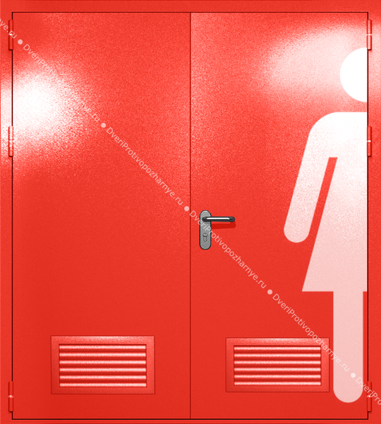 Двупольная глухая дверь ei-60 с обозначением санузла и вентиляцией (цвет красный RAL 3020) Двупольная глухая дверь ei-60 с обозначением санузла и вентиляцией (цвет красный RAL 3020)