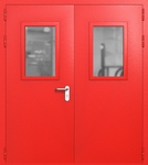 Двупольная дверь ei-60 со стеклами 600x400 и ручками хром (цвет красный RAL 3020)