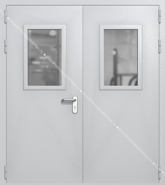 Двупольная дверь ei-60 со стеклами 600x400 и ручками хром (цвет светло-серый RAL 7047)