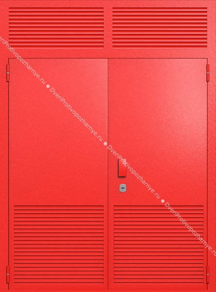 Двупольная глухая техническая дверь с верхней вставкой и вентиляцией (цвет красный RAL 3020)
