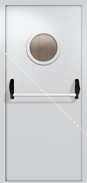 Однопольная дверь ei-60 с круглым стеклом и ручкой «антипаника» (цвет светло-серый RAL 7047)