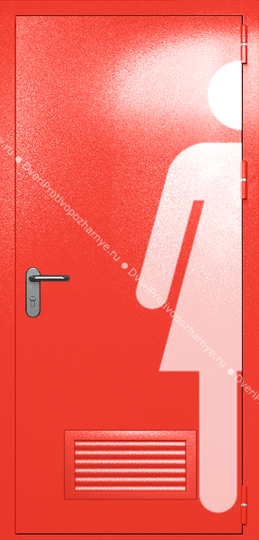 Однопольная глухая дверь ei-60 с обозначением санузла и вентиляцией (цвет красный RAL 3020) Однопольная глухая дверь ei-60 с обозначением санузла и вентиляцией (цвет красный RAL 3020)