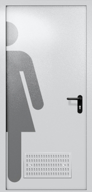 Однопольная глухая дверь ei-60 с обозначением санузла и вентиляцией (цвет светло-серый RAL 7047) Однопольная глухая дверь ei-60 с обозначением санузла и вентиляцией (цвет светло-серый RAL 7047)