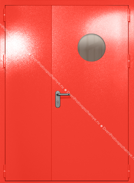Полуторапольная дверь ei-60 с круглым стеклом и ручками «антипаника» (цвет красный RAL 3020) Полуторапольная дверь ei-60 с круглым стеклом и ручками «антипаника» (цвет красный RAL 3020)