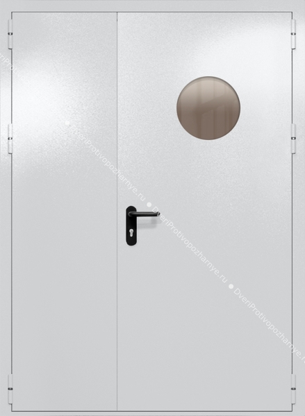 Полуторапольная дверь ei-60 с круглым стеклом и ручками «антипаника» (цвет светло-серый RAL 7047)
