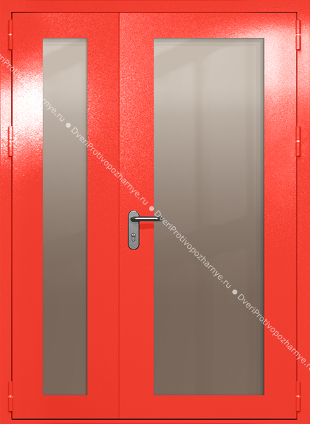 Полуторапольная дверь eiw-60 с максимальными стеклами и ручками «антипаника» (цвет красный RAL 3020)