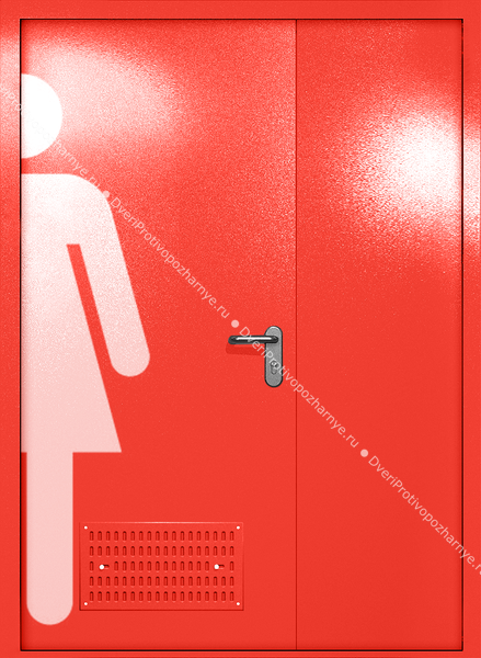 Полуторапольная глухая дверь ei-60 с обозначением санузла и вентиляцией (цвет красный RAL 3020) Полуторапольная глухая дверь ei-60 с обозначением санузла и вентиляцией (цвет красный RAL 3020)