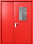 Полуторапольная дверь ei-60 со стеклом 600x400 и ручками хром (цвет красный RAL 3020)